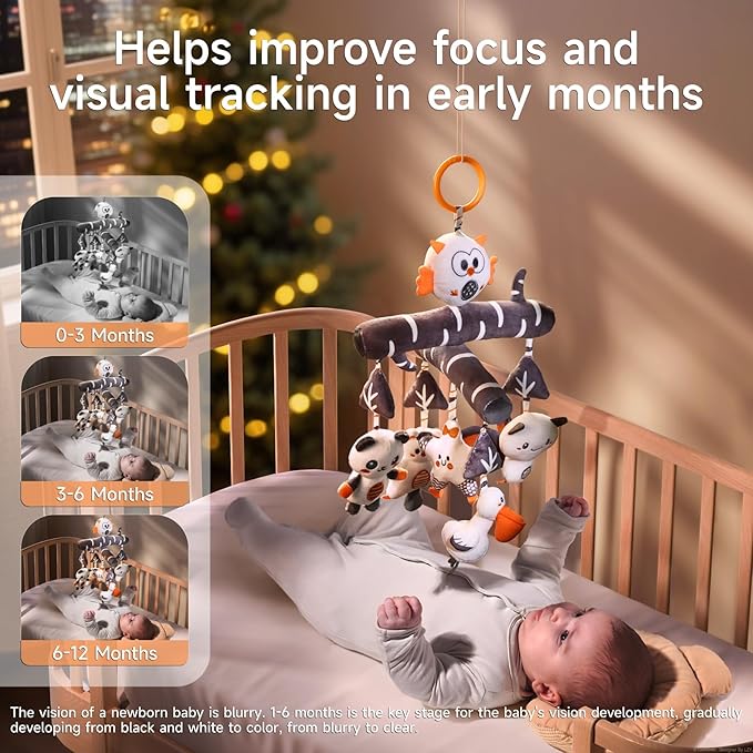 TUMAMA Black and White Crib Hanging Plush Toy, Active Plush Animal Crib Mobile, Sensory High Contrast Baby Toy for 0 3 6 9 to 12 Months