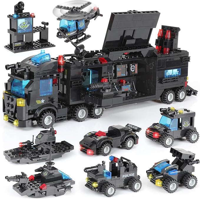 EP EXERCISE N PLAY 1110 PCS SWAT City Police Station Mobile Command Center Truck Car Building Blocks Set in 25 Different Models Police Cars, Helicopter, Boat, Toys Gift for Kids Boys Girls 6-12