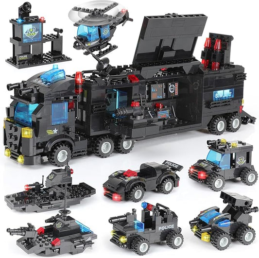 EP EXERCISE N PLAY 1110 PCS SWAT City Police Station Mobile Command Center Truck Car Building Blocks Set in 25 Different Models Police Cars, Helicopter, Boat, Toys Gift for Kids Boys Girls 6-12