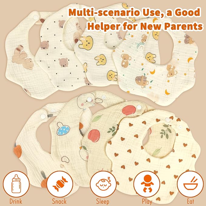 EllieHouse Baby Bibs for Girls Boys 8 Pack Muslin Drool Teeth Drooling Teething Bibs Muslin Cotton for Toddler Infant
