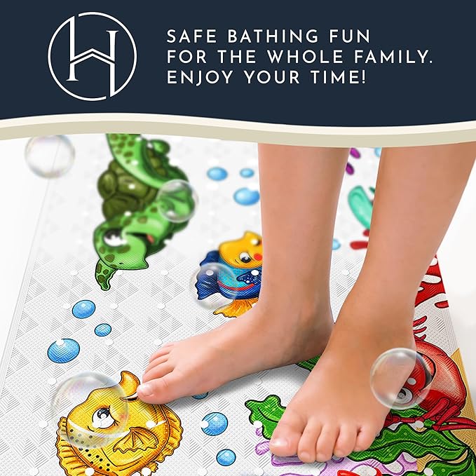 Homerella Baby Bath Tub Mat | Anti Mold Mildew Resistant Non Slip Kids and Adult Bath Tub Shower Mats | 40x16 inch Long with Suction Cups for Secure Grip Hooks for Storage & Drying | Machine Washable