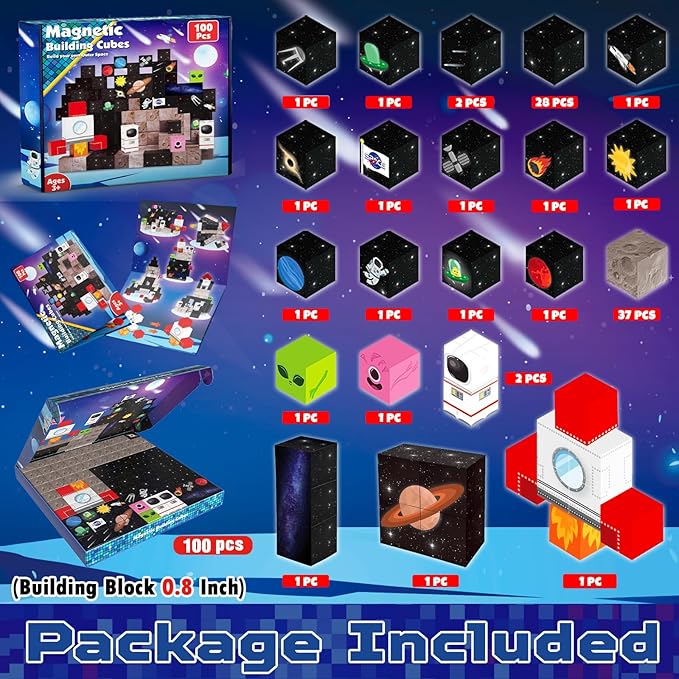 Magnetic Blocks-100PCS Magnetic Building Blocks,Space Rocket Magnetic Tiles Cubes 2025 Upgraded STEM Game, Christmas Birthday Gifts for Adult