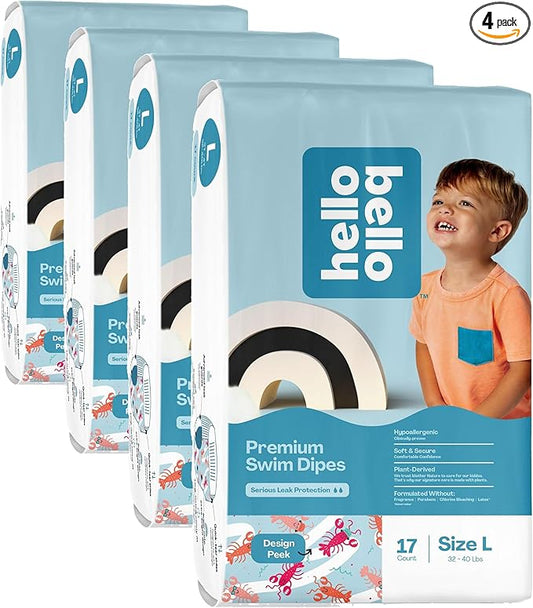 Hello Bello Swim Diapers Large | For 32-40 lbs | Lobster Design | Leak Protection | 17 Count, Pack of 4
