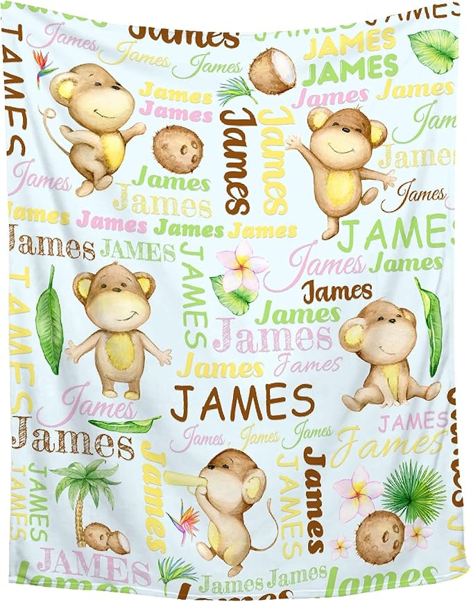 Personalized Baby Blanket for Girls Boys Monkey Custom Baby Blanket with Name Swaddle Blanket for Toddlers Infants Kids Shower Newborns Nursery Stroller Crib Decor Throw Birthday Gift