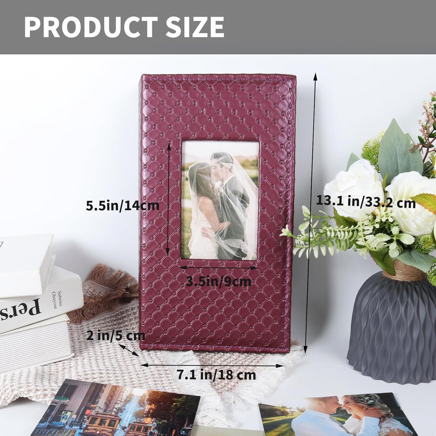 RECUTMS Photo Albums for 4x6 Photos Holds 300, 3 Per Pages Photo Picture Album PU Leather Button Grain Cover, Horizontal Photos Record Family Wedding Anniversary Baby Holiday Travel Album Wine Red