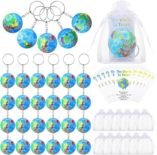 Quelay 50 Pack Earth Day Globe Keychains for Kids, Planet Earth Keyrings Toy Includes Globe Stress Balls Cards Organza Bags, School Party Favor
