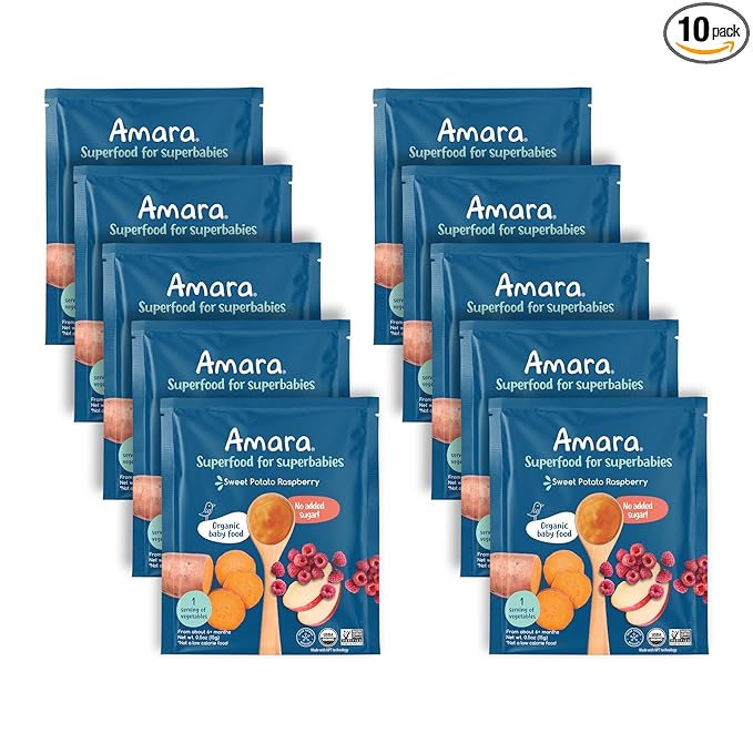 Amara Organic Baby Food - Stage 2 - Sweet Potato Raspberry - Baby Cereal to Mix With Breastmilk, Water - Baby Food Pouches Made from Organic Fruit and Veggies - 10 Pouches, 3.5oz Per Serving