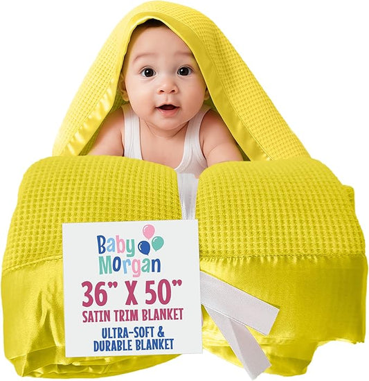 Blankets - Thermal Waffle Warm Baby Blanket for Crib - Soft and Cozy Baby Crib Blanket for Nursery, Stroller, or Naptime Comfort - Ideal Shower Gift - Yellow, Satin Trim (36" x 50")