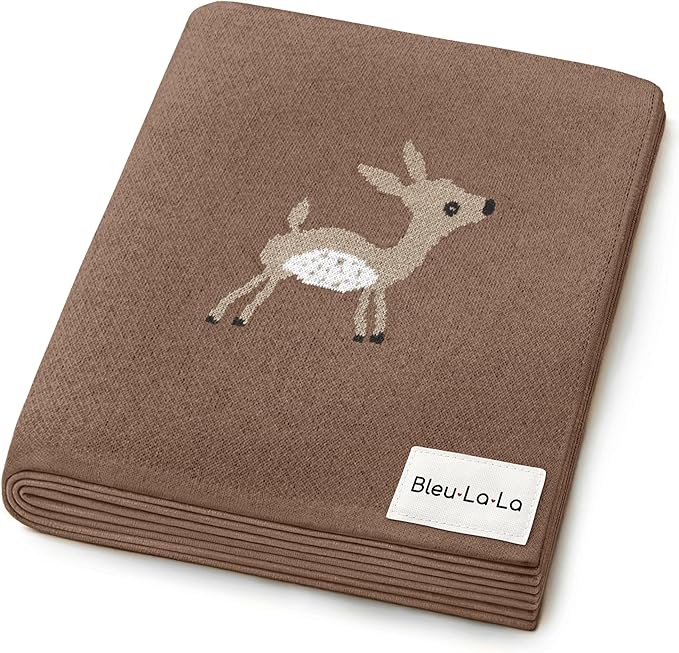 Knit Baby Swaddling Blanket - 100% Cotton Lightweight Soft Cozy Receiving Swaddle Stroller Quilt Blanket for Shower Gift Registry for Newborns, Infants, Toddlers (Deer - Mocha)