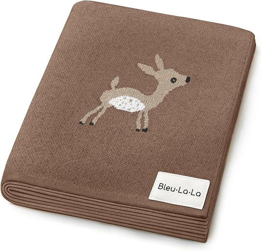 Knit Baby Swaddling Blanket - 100% Cotton Lightweight Soft Cozy Receiving Swaddle Stroller Quilt Blanket for Shower Gift Registry for Newborns, Infants, Toddlers (Deer - Mocha)