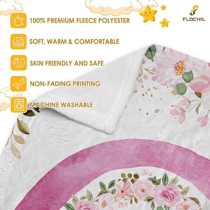 FLOCHIL Personalized Baby Blanket for Girls, Custom Baby Blanket with Name, Customized Baby Products, Gift for Baby, Newborn, Baby Shower (Rainbow)