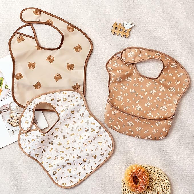 3-Pack Waterproof Baby Bibs for Eating - Lightweight Feeding Bibs, Mess Proof, Baby Essential Must Have for Eating
