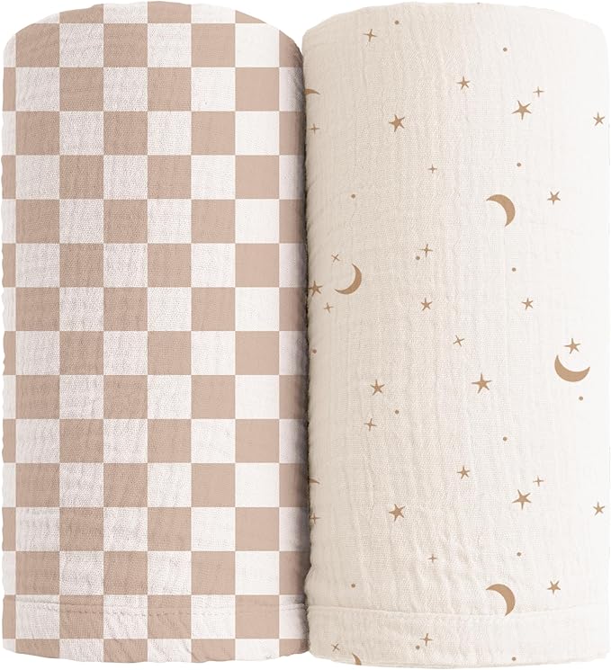 Konssy Muslin Swaddle Blankets for Girls Boys, 2 Pack Receiving Baby Blanket Large 47 x 47 inches, Soft Breathable Swaddling Wrap for Unisex Newborn (Coffee Check,Moon)
