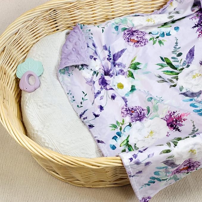 Baby Blankets for Girls Boys Soft Plush Minky Blanket 30x40 Inches with Double Layer Dotted Backing for Toddler Newborn, Purple Crib Blanket for Nursery, Baby Car Seat, Pet, Floral
