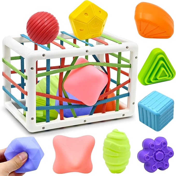 Baby Sensory Montessori Activity Toys for 1 2 Year Old Boy Girl, Early Learning Develop Shape Sorter Cube with Soft Textured Balls for Infants Toddler Birthday Gifts Christmas Stocking Stuffers