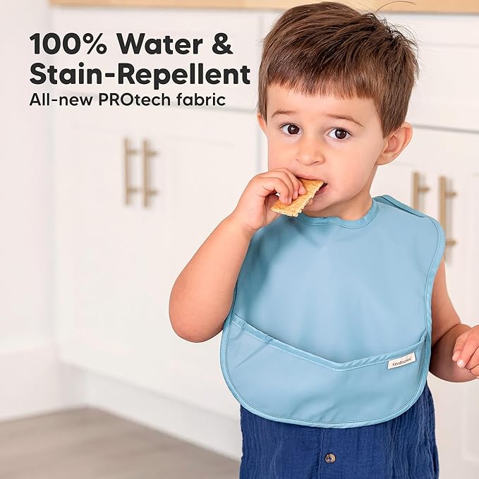 3-Pack Waterproof Baby Bibs for Eating - Lightweight Toddler Feeding Bibs with Large Food Catcher, Mess Proof, Food-Grade Baby Eating Essentials, Easy to Put On & Clean (Basics)