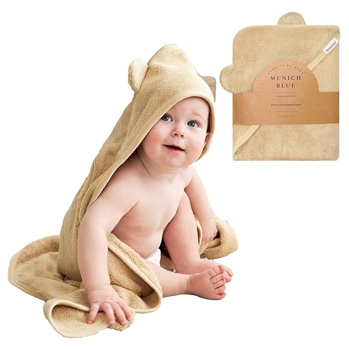 Munich Blue Hooded Bath Towel for Newborn and Toddler Girls and Boys - Soft and Cozy Baby Towel with Cute Bear Ears (600GSM, 35 x 35 inch)
