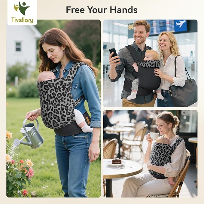 Reversible Baby Carrier – Black Solid & Leopard Print; Lightweight & Breathable Lyocell Fabric; Ergonomic Lumbar Support and Quick Hands-Free Wear for Newborn to Toddler (7–44 lbs)