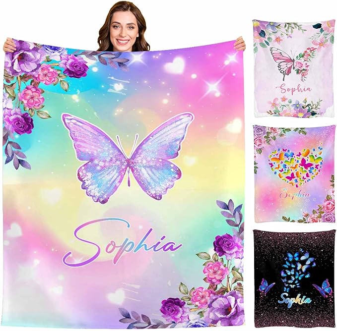 M YESCUSTOM Personalized Baby Blanket with Name, Shiny Butterfly Customized Blanket for Girls, Toddler, Newborn, Baby Shower, Christmas, Birthday
