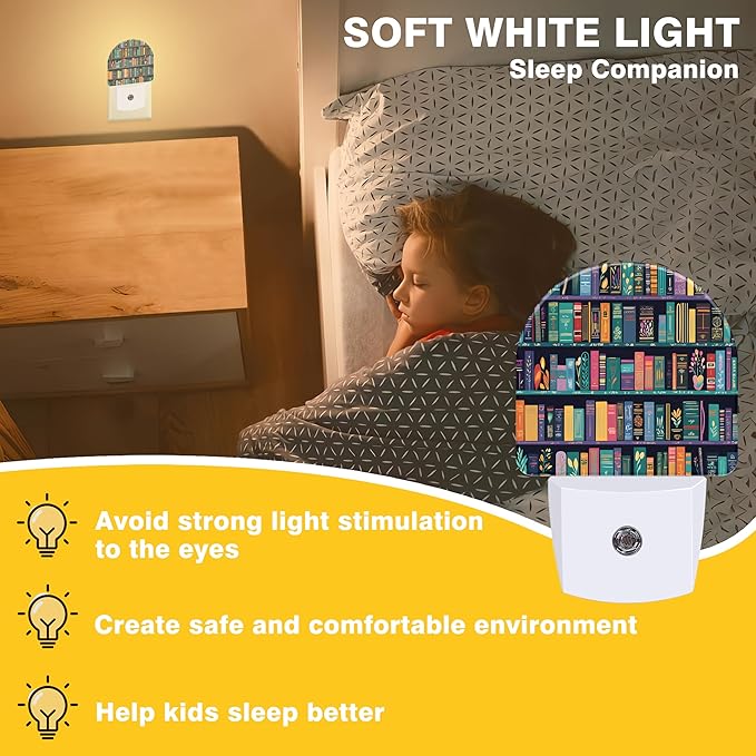 Book Night Light, Bookshelves Night Lights Plug into Wall Dusk to Dawn Sensor Round Nightlight for Women Men Energy Efficient Led Lamp 0.5W for Stairway Hallway Bedroom