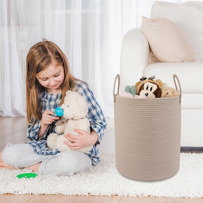 Cotton Rope Laundry Basket Hamper for Clothes Woven Storage Basket for Living Room Bedroom Boho Tall Rope Baskets for Blanket Toys Pillow Towels Baby Nursery Hamper Bin Konjac