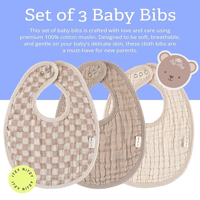 Itzy Ritzy Set of 3 Baby Bibs - Ultra-Soft Adjustable Infant & Toddler Bibs Made of Triple-Layer Cotton Muslin, Ideal for Drooling, Teething, & Eating -3 Stylish, Coordinating Prints (Checkerboard)