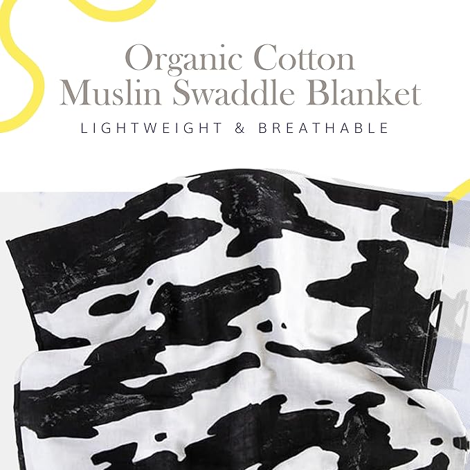 RED ROVR 100% Organic Cotton Muslin Swaddle | Newborn Receiving Blanket | Baby Wrap | Boy, Girl, Unisex | Soft, Lightweight, Breathable | Burping, Nursing, Swaddling | 44" x 44" | Moo Cow