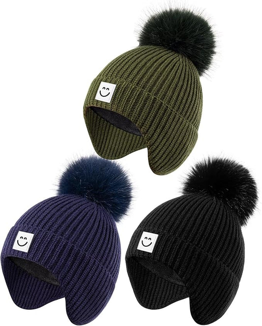 3 Pack Baby Winter Hats with Earflaps, 2 Size Kids Pom Pom Beanie for Infant Toddler Children, Smiley Face Hat for Girls Boys