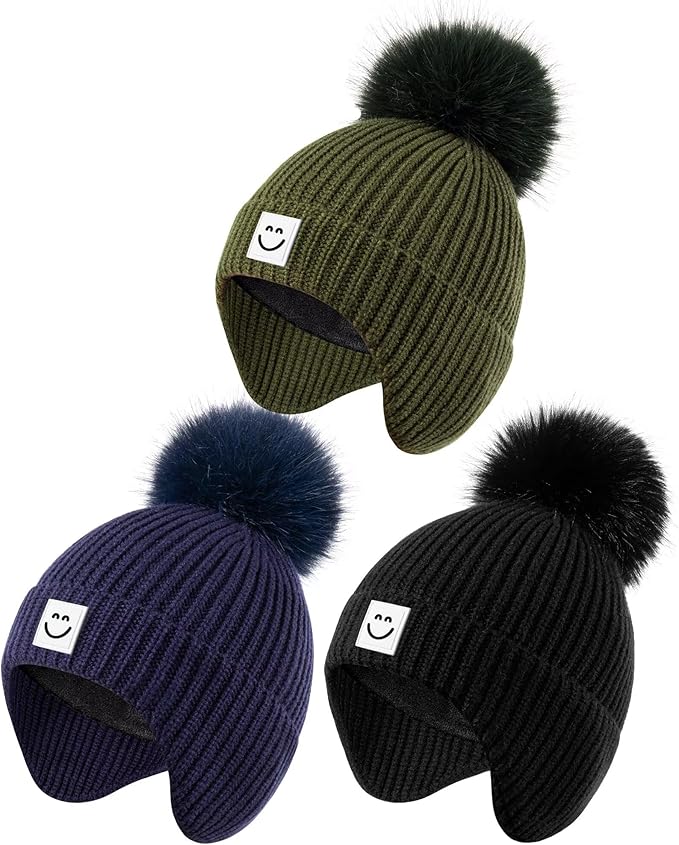 3 Pack Baby Winter Hats with Earflaps, 2 Size Kids Pom Pom Beanie for Infant Toddler Children, Smiley Face Hat for Girls Boys