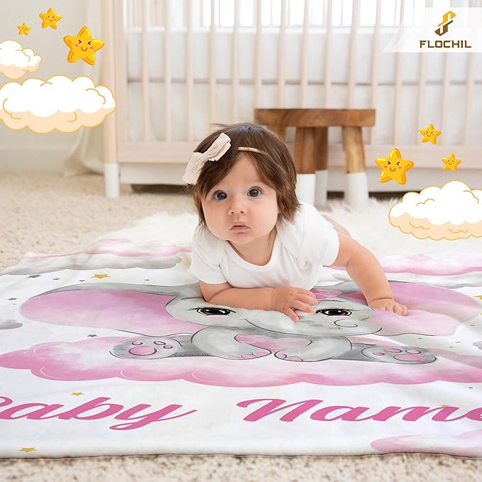 FLOCHIL Personalized Baby Blanket for Girls, Custom Baby Blanket with Name, Customized Baby Products, Gift for Baby, Newborn, Baby Shower (Elephants 4)