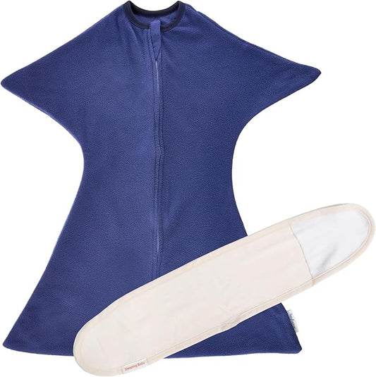 SleepingBaby Fleece Zipadee-Zip Transition Swaddle and Snuggle Strap Bundle - Roomy Baby Swaddle Blanket with Zipper Convenience and Wearable Blanket Accessory, Navy, Small (4-8 Month)