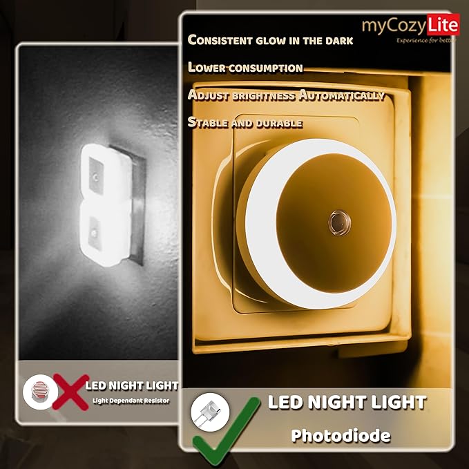 myCozyLite LED Night Lights Plug into Wall, Dusk to Dawn Sensor, Warm Hue, Plug in Night Light, Automatic Dimming, 2 Pack Night Lights for Kids, Adults, Hallways, Stairway, Kitchen, Bathroom, Bedroom