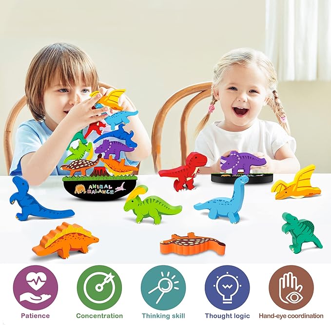 FFTROC Montessori Dinosaur Toys for 2 3 4 Year Old Boys - Wooden Stacking Dinosaur Toys for Kids 2-4 3-5, Toddler Balancing Block Sets