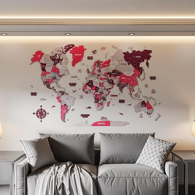 Colorfull Worlds 3D Wooden World Map Wall Art - Premium Multicolored World Travel Map for Wall Decor with Push Pins- Ideal Housewarming Gift & Travel Tracker (XLarge, Crimson)