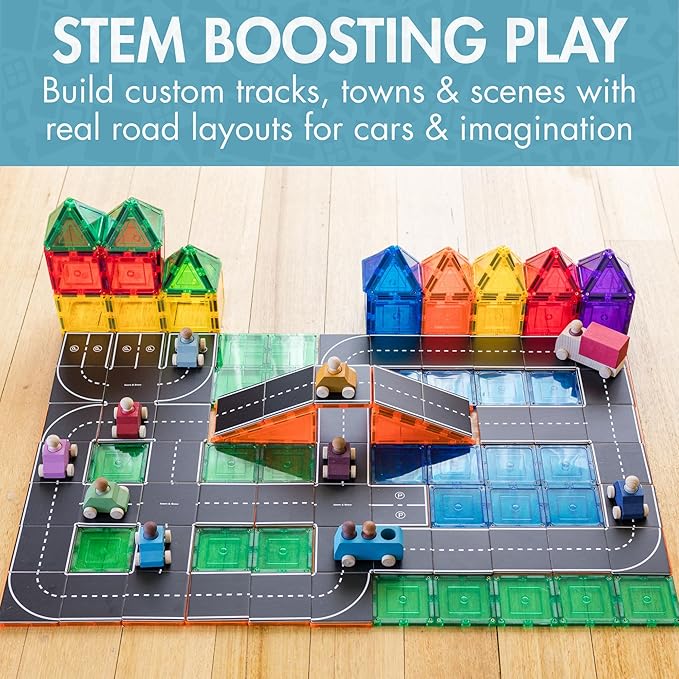 Learn & Grow Magnetic Tiles Road Toppers Set - 40PCs Road Expansion Pack (Tiles not Included), Magnet Car Play Accessories, STEM Building Toy - Construction Toys for Toddlers & Kids Age 3+