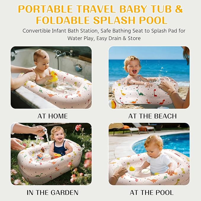 Inflatable Baby Bathtub Built-in Air Pump, Portable Travel Baby Bath Tub, Blow up Toddler Pool Seats for Babies Sitting up, Foldable Bathing Infant Shower Basin for Newborn 3 Months and up (Dinosaur)