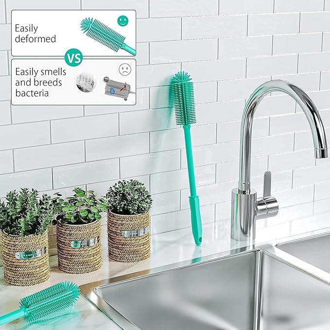 Long Silicone Bottle Cleaning Brush | 2 Pack| 16”+13”Water Bottle Brush Cleaner Brush for Hydro Flask,Glassware,Vacuum Sports Bottle&Vases,Silicone Water Bottle Cleaner Brush for Narrow Neck