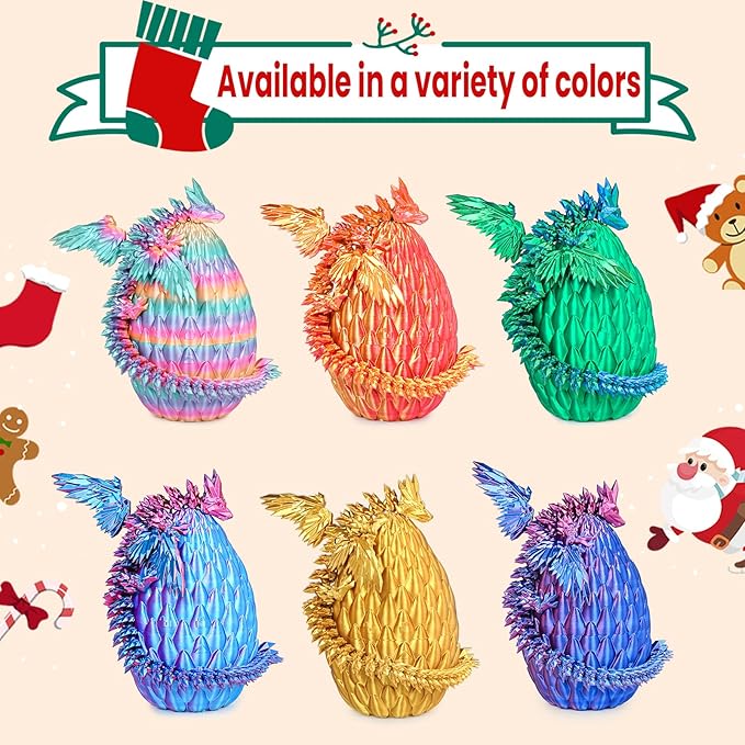 3D Printed Dragon Eggs with Articulated Fly Dragon Inside, Collectible Figurines Fidget Toy for Adults Kids Birthday Easter Christmas White Elephant Gifts for Friends Colleagues(Red Gold, L size)
