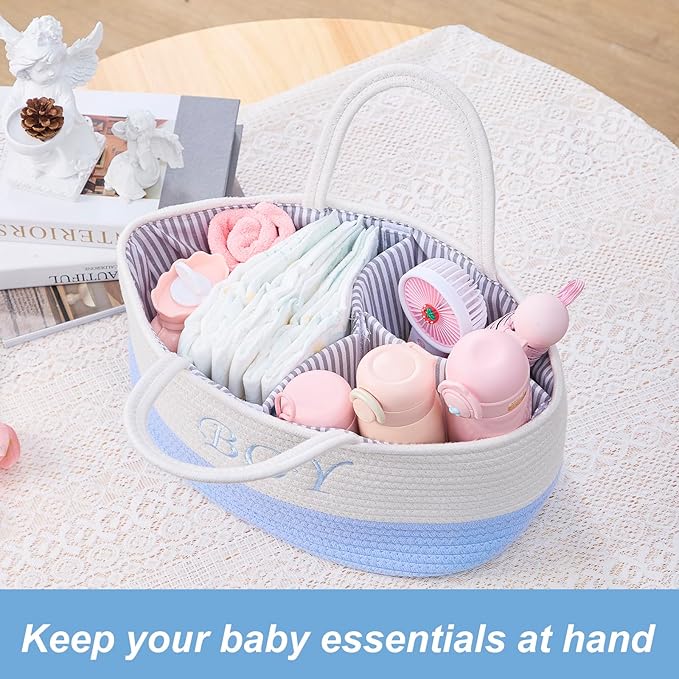 DUHEL Diaper Caddy Organizer with Handle,Baby Basket use for Diaper Organizer and Storage,Baby Boys Newborn Essentials,3 Compartments-Cotton rope Material Storage for Home or Travel.(White＆Blue)