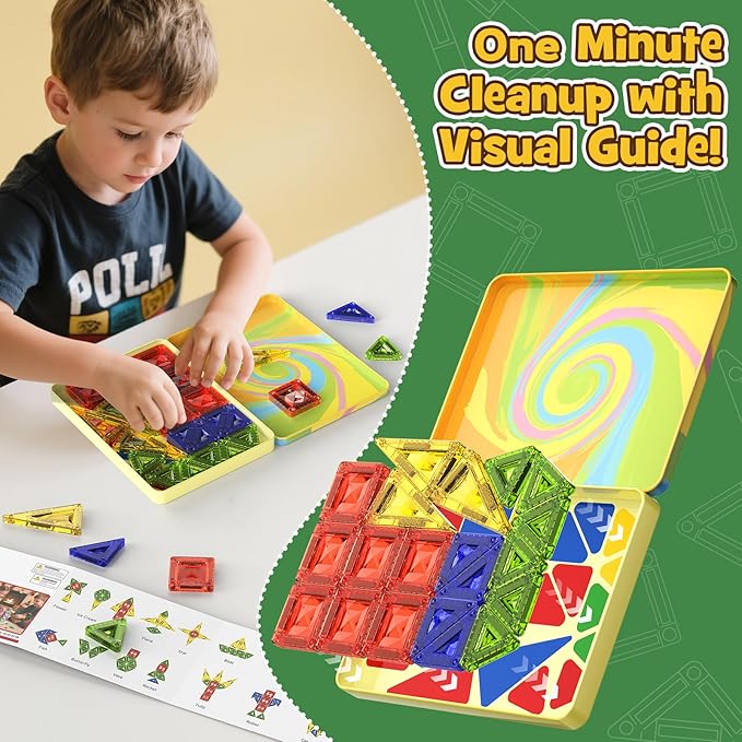Mini Magnetic Tiles for Kids Ages 4-8, 40PCS Portable Travel Toys with Visual Storage Guide & Metal Storage Box, Compact Magnetic Building Blocks for Toddlers 3-5 Travel Activities