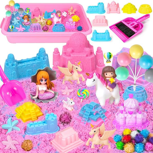 Unicorn Sensory Bins for Toddlers,Sensory Toys Play Sand Art Kit with Sandbox & Sand Castle Molds & Tools,Unicorn Sensory Toys Christmas Birthday Gift for Girls Toddler Ages 3 4 5 6 7 8 (Unicorn)