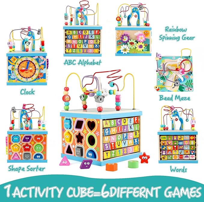 Qilay Wooden Activity Cube for Toddlers, 5 in 1 Multipurpose ABC-123 Abacus Early Educational Montessori Toys, Learning Toys for 3 Year Old | Bead Maze, Great for Boys Girls