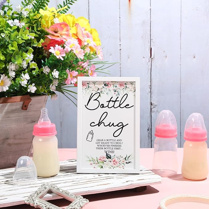 Roowest Bottle Chug Baby Shower Game Favors Including Flower Theme Bottle Chug Game Wooden Sign and 18 Pcs Pink Baby Bottles for Baby Shower Game Gender Reveal Party Supplies