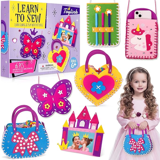 Toylink First Sewing Kit for Kids Beginners Arts Crafts for Girls Ages 4 5 6 7 8 Learn to Sew Unicorn Purse Bags Picture Frame Pen Holder DIY Felt Craft Kits Toddler Gifts