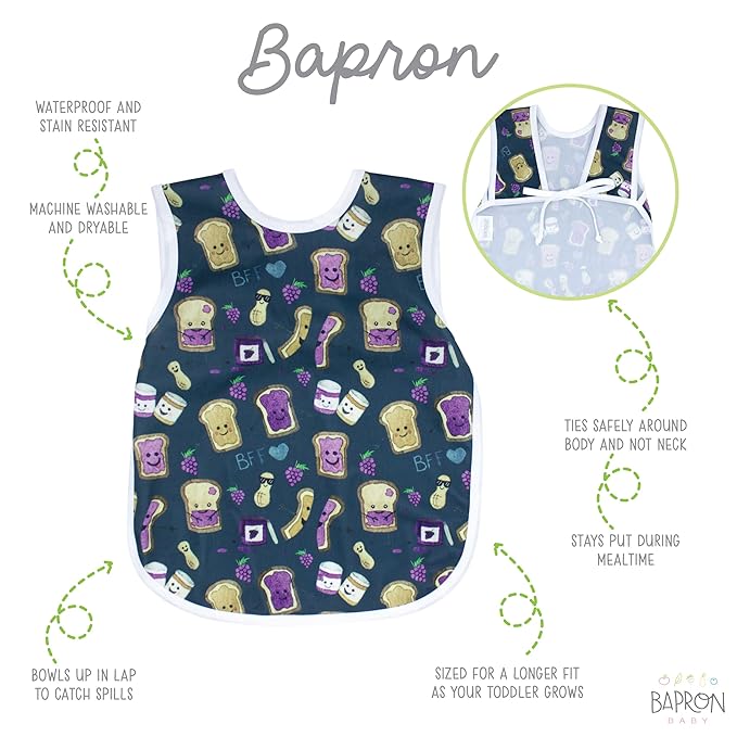BapronBaby PBJ Pals Bapron - No Neck Tie Safer Bib for Baby & Toddler - Soft Waterproof Stain Resistant - Machine Washable - Sz Preschool 3-5yrs