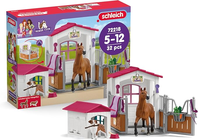 Schleich Horse Club - 32 PC Stall and Doghouse Playset with Horse Figurine and Toy Dog for Girls and Boys - Kids Ages 5+ | 72218