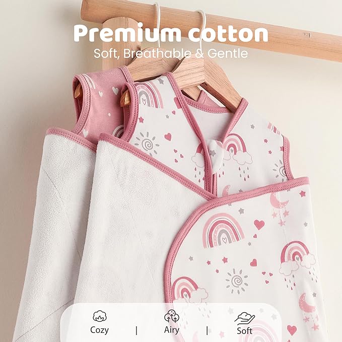 Baby Swaddle Sleep Sack 3-6 Months, Swaddles for Newborns Girl, 3-Way Adjustable Infant Swaddle Wearable Blanket with Zipper & Detachable Wrap, 2 Pack Soft Snug Pink Rainbow