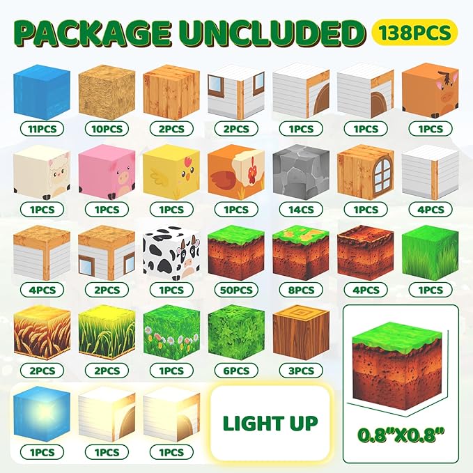 Magnetic Blocks - 138 PCS Building Blocks Set with 3 Light-Up Blocks, STEM Construction Cubes Toys for Kids 4-8, Toddler Sensory Stacking Toys, Christmas Birthday Gift for Boys and Girls Ages 3+