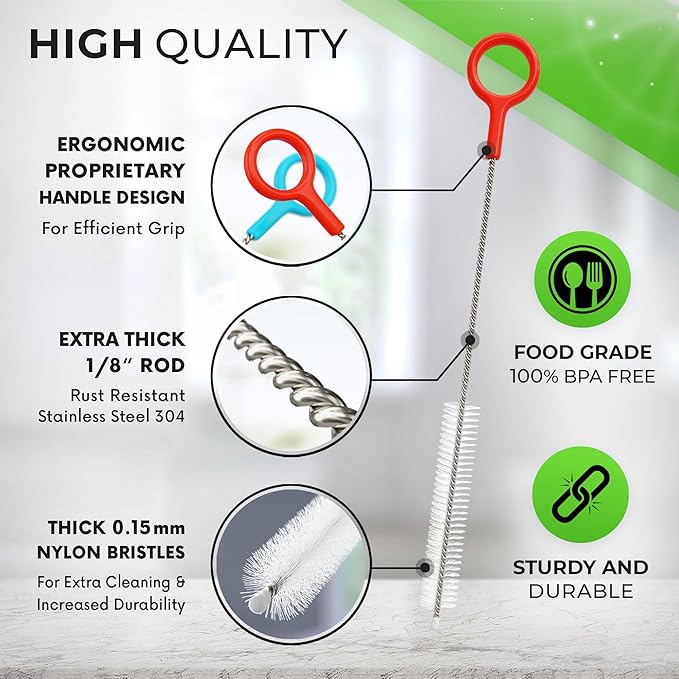 Heavy Duty Cleaning Brushes Set of 4 - Extra Long Straw Cleaners for Metal and Plastic Reusable Drinking Straws, to Clean Small Spaces, Sippy Cups, Water Bottles - Sturdy Hard Brush Bristles