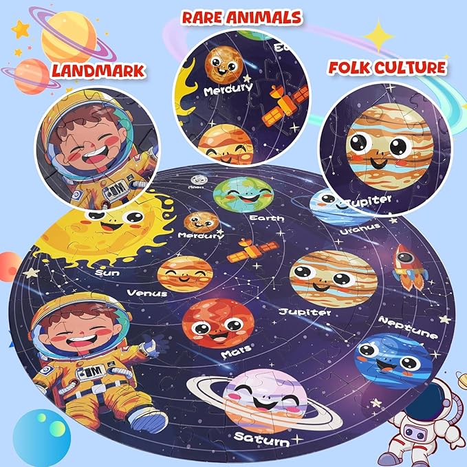 Floor Puzzle for Kids Ages 5-8 with Solar System Planets 70 Piece Globe Space Planets Large Floor Puzzle for Kids, Planet Round Large Puzzle for Toddlers, Geography Educational Toys for Boys&Girls